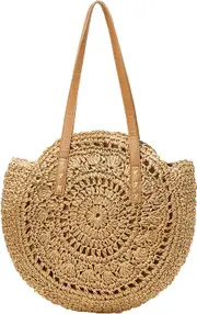 Straw Beach Bag Handbags Women Handwoven Round Corn Straw Beach Bag Bags Natural Chic Hand Large Summer Beach Tote Woven Handle Shoulder Bag,Coco