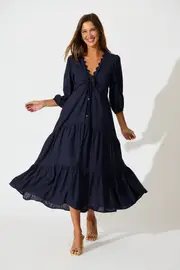 Zena Midi Dress Full Length Sleeve in Navy Linen Blend 8