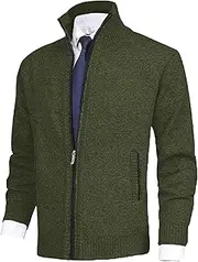 [Gsywaipei] Men's Collar Knitted Cardigan Winter Zip Up Male Knit Sweater Jacket Classic Long Sleeve Knits Sweaters Coat, Green, XXL