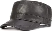 [VOBOOM] Leather Cadet Army Cap Adjustable Flat Top Cap Military Style Hat for Men
