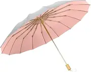 [Generic] Sun/Rain Compact Umbrella, UPF 50 Protection 16 Fiberglass Ribs Super Windproof Folding Umbrella Parasol, Sun Blocker Travel Golf Silver/Light Pink