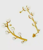 Pearl climber earrings yellow gold 18kt cuff stainless steel quality fine New