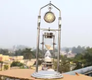 Exquisite Nickel Polished Tabletop Clock with Integrated Sand Timer and Compass