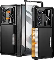for Galaxy Z Fold 6 Case with Card Holder Wallet & Slide Camera Cover & Screen Protector & Hinge Protection, Dual Layer PC & TPU Heavy Duty Rugged Phone Case for Samsung Galaxy Z Fold 6, Black