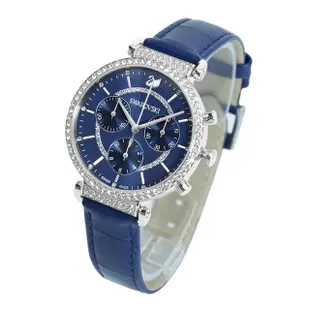 【SWAROVSKI 施華洛世奇】PASSAGE CHRONO 藍色 三眼計時皮革錶帶腕錶 手錶 女錶 母親節(5580342)