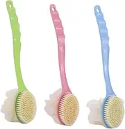 NOLITOY Shower Scrub 3pcs Double Sided Long Handle Bath Brush Set Soft Bristle Shower Back Scrubber with Bath Flower Pink Green & Blue Ideal for Showering and Bathing Exfoliating Scrub