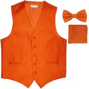 New Men's Formal Vest Tuxedo Waistcoat_bowtie & hankie set stripes orange prom