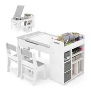 Costway Art Table & 2 Chairs w/Paper Roll Paint Cups & Storage Shelves Craft Table Set Activity Drawing Desk Chair Grey