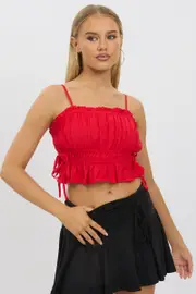 Red Cami Top Ruched Side Bow Linen Blend - Size 14, Women's Cami