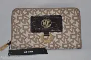 DKNY T&C Logo Circle Hardware Leather Wallet Organizer Bag Purse Chino Brown New
