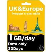 UK & Europe Prepaid Travel eSIM 1GB High Speed Data Per Day (Data Only)