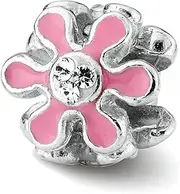 [JewelryWeb] 925 Sterling Silver Polished Pink Enamel Reflections-Pink Flower With Crystal Bead Charm 10.00x10.00mm Wide Pendant Necklace for Women