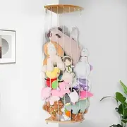 Stuffed Animal Storage Corner Cage, Large Corner Plush Toys Holder with LED Light and Adjustable Length, Wood Soft Toy Shelf Organizer, Wall Hanging Plushie Toys Holder for Nursery Bedroom