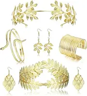 [Sanfenly] Grecian Goddess Costume Accessories Set for Women Golden Laurel Leaf Crown Headband Snake Upper Arm Cuff Coil Bracelet Leaf Dangle Earrings Bridal Wedding Toga Costume Jewellery