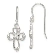 Sterling Silver Polished & Beaded Cz Cross Dangle Earrings