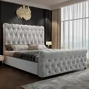Royal Sleep Alexandra Queen Bed Frame | Straight Wooden slats & Premium Quality Velvet Bed Frame | Elegant Stylish Sturdy Construction Bed Frame(Grey)
