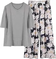 [ZUNGGWOK] Womens Pajama Sets 2 Pieces Modal Sleepwear Soft Loungewear V-Neck Short Sleeve Top with Floral Cropped Pants