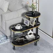 Hbluefat Modern End Table with Wheels, Rolling Sofa Side Table, 3-Tier Nightstand with Storage Shelves, Wood Bedside Table for Small Space, Living Room, Bedroom (Black Marble+Golden Edge)