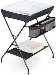 BABY JOY Baby Portable Changing Table, Folding Diaper Station w/ 3-Compartment Storage Rack, Shelf, Safety Belt & Waterproof Cloth for Infant Newborn (Black)