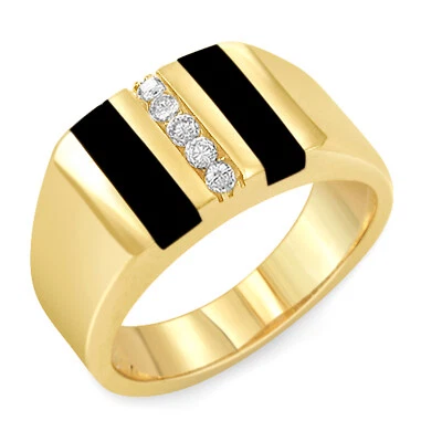 0.15Ct Men's Round Diamond Black Onyx F-G VS1 Ring 14k Gold Yellow Band SZ 10.5