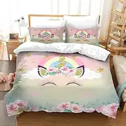 Happy Smiling Unicorn Quilt Doona Duvet Cover Set Single Double Queen Size Available Double, 2 Pillow Cases