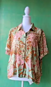 Rose Olive Boho Top Button Shirt Blouse Short Sleeve Sz XL Hawaiian Floral NWT