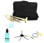 Tromana TR300 Student Bb Trumpet with Stand, Valve Oil, and Brush Set - Clear