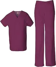 [Dickies] EDS Signature Unisex Scrubs Set 83706 Tuckable V-Neck Top & 83006 Drawstring Pant, Wine-XS Top/XS Pant, White, Large Top / Medium Pant