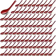 Hushee 100 Pcs Asian Chinese Soup Spoons 6.3 Inches Japanese Korean Miso Soup Spoons Red and Black Bulk with Hook for Soba Wonton Rice Pho Ramen Noodle Dumpling
