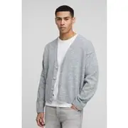 Mens Grey Oversized Boxy Drop Shoulder Knitted Cardigan