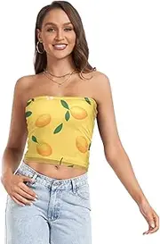 [FRODOTGV] Yellow Fresh Fruit Women's Strapless Crop Tops with Mesh Strapless Sports Bra Tub Tops for Teen Club, Yellow Fresh Fruit, Medium