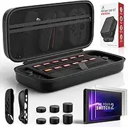 Protection Bundle for Nintendo Switch 2, Switch Accessories with Console Carrying Case, 2x Tempered Glass Screen Protectors, 2x Joy-Con Controller Cases, 6x Anti-Slip Thumb Grip Caps, All-in-One