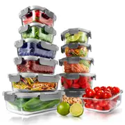 NutriChef Superior Glass Food Storage Containers - 12-Piece Stackable Glass Meal-prep w/Newly Innovated Hinged BPA-Free 100% Leakproof Locking Lids - Freezer-to-Oven-Safe