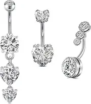 [Briana Williams] 3pcs Belly Button Ring Belly Button Piercing Belly Rings Silver Gold Belly Button Rings Surgical Steel Clear Round Heart Diamond Belly Button Piercing Jewelry for Women 14g 10mm