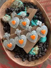 Apache Sterling Silver and Orange Spiny Oyster Shell Hand Stamped Heart Earring