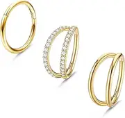 [Sanfenly] 3PCS 16G Stainless Steel Nose Rings Hoop for Women Septum Clicker Nose RingsCZ Hinged Segment Septum Lip Nose Rings Helix Cartilage Daith Tragus Earrings Body Piercing Jewelry