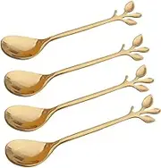 Gold Leaf Espresso Coffee Spoon Ice-Cream Tea Sugar Spoon Stainless Steel Mini Stirring Spoons Dessert Demitasse Spoons, Set of 4 (Gold)