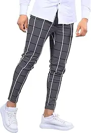 [Generic] Men's Slim Fit Stylish Dress Pants Business Skinny Comfort Outdoor Trousers Casual Plaid Stretch Golf Pants