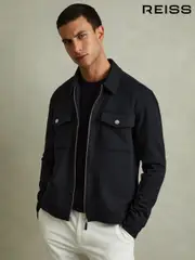 Reiss Navy Blue Medina Interlock Jersey Zip-Through Overshirt (B56989) | $350