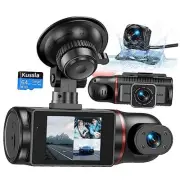 3 Channel Dash Cam Front and Rear Inside, 1080P Dash Camera for Cars with 64GB