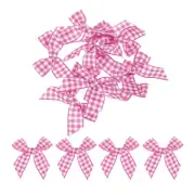 30Pcs Mini Gingham Ribbon Bow 1.5" Checkered Fabric Satin Dark Pink and White