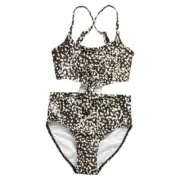 Melrose and Market Tie Front One-Piece Swimsuit Black White Animal Spot Size M
