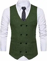 [HEYDHSDC] Men V Neck Herringbone Double Button Waistcoat For Wedding Birthday Party Businee Work Suit Waistcoat Army En8 Xs