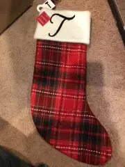 LETTER T - WONDERSHOP TARGET Plaid CHRISTMAS STOCKING MONOGRAM RED 18" NEW