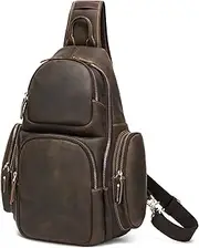 Taertii Full Grain Genuine Leather Sling Bag, Fits 14 inch Laptop, Travel Chest Crossbody Shoulder Sling Backpack Purse Daypack 17L - Brown, Brown, Fits 14" Laptop, Crossbody