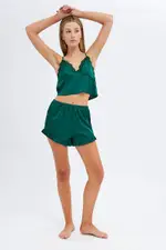 Green Satin PJ Lace Trim Cami and Ruffle Shorts Set - Size M, Women's Pj Set