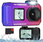4K 33FT Digital Camera, 48MP Underwater Camera Waterproof Rugged Dustproof Shockproof for Snorkeling Diving, Selfie Dual-Screen Point and Shoot Digital Camera with 32G Card(Gradient Purple)