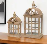 Set of Two Natural Wood and Glass Geometric Floor Lantern Candle Holders