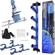 AquaMate Oasis Pool Accessory Holder, Pole Hangers & Hose Strap Perfect Organise Caddy Rack Kit for Poles Brushes Nets & Vacuum Attachments Maintenance Rustproof Weatherproof Storage (Dark Blue)
