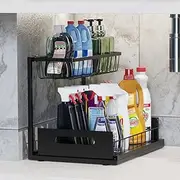 Under Sink Organizer and Storage, 2-Tier Cabinet Storage Shelves Cleaning Supplies Organizers Home Kitchen Bathroom Organization with Pull-Out Sliding Drawer (Black)